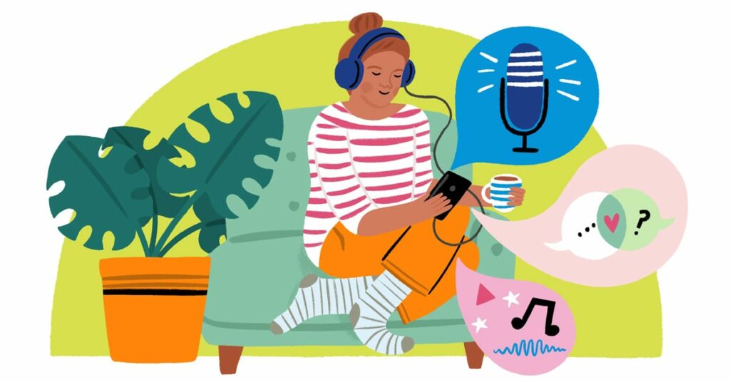 Illustration of girl listening to podcast