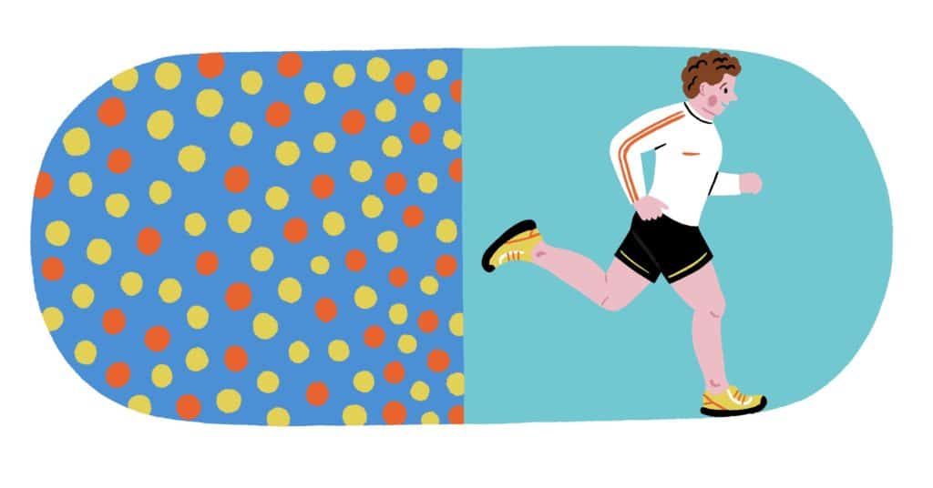 Illustration of man running and background of a medication