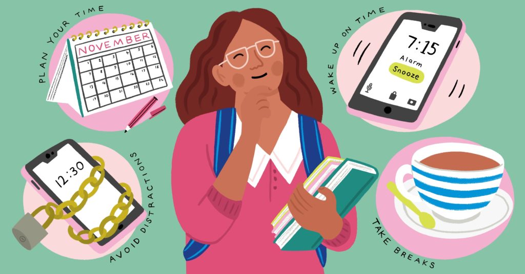 Illustration of college student with thoughts on tips to manage her life