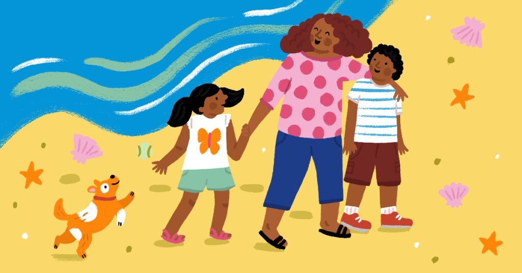 40 year woman with children walking at the beach illustration