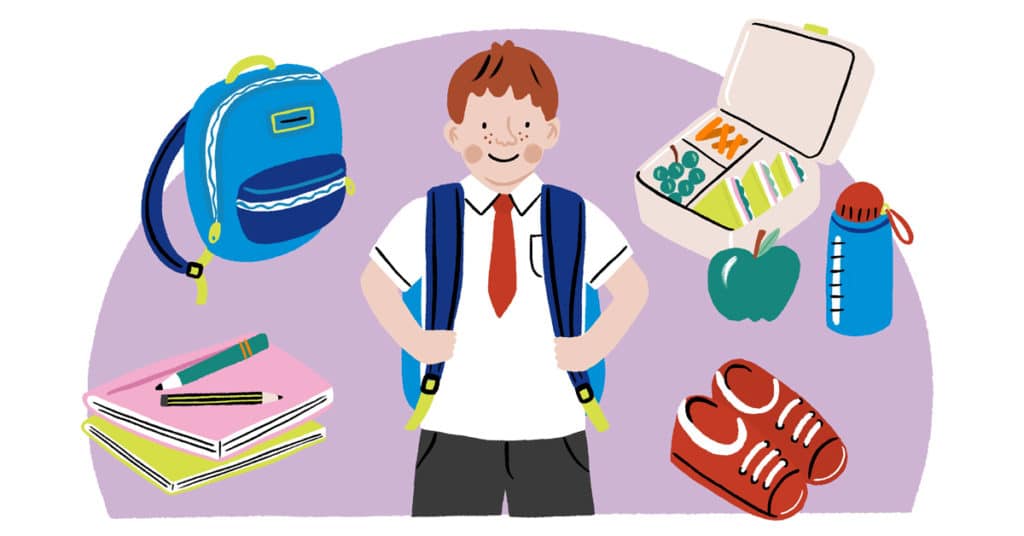 Illustration of boy with school items