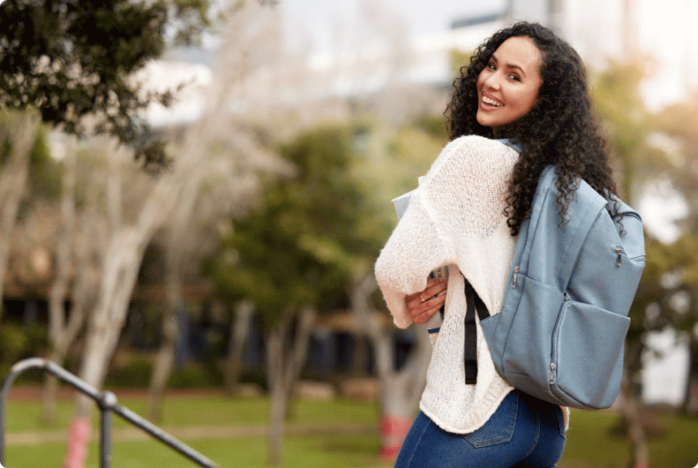 Student woman outdoor on college or university campus